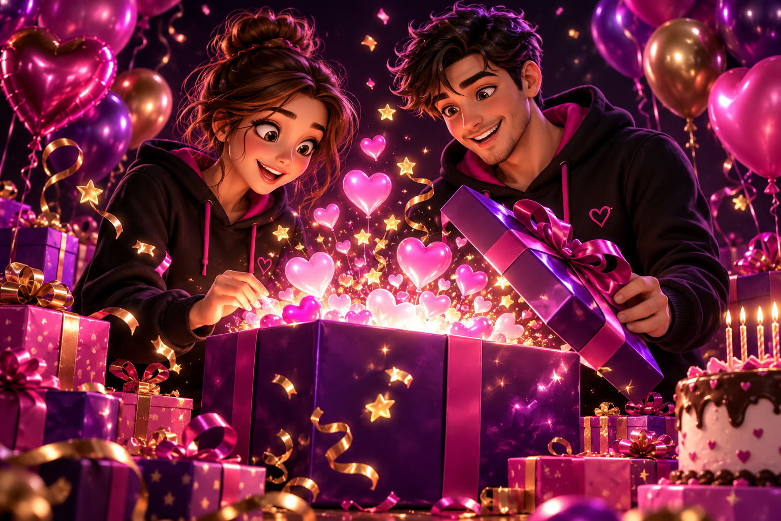 Deux mascottes ouvrent un cadeau violet d’où s’échappent des cœurs et des confettis